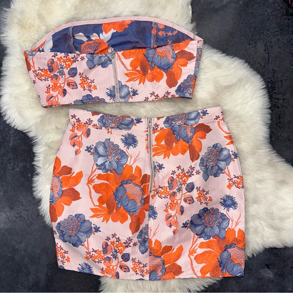 Fashion nova Asami floral skirt set jacquard pink peach orange navy cute - Picture 11 of 14